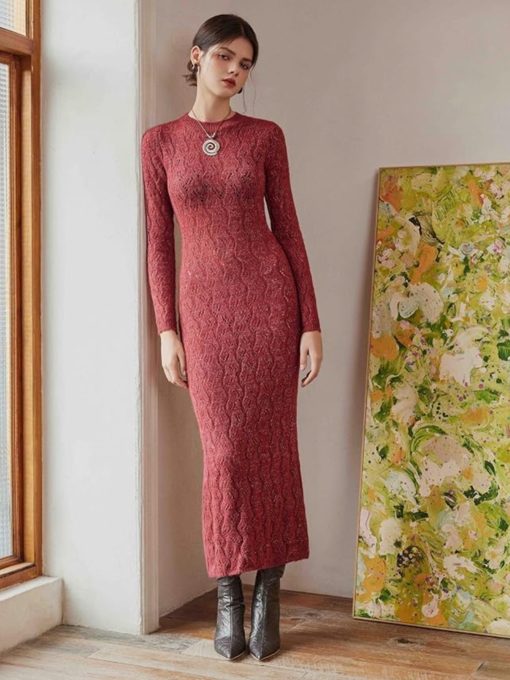 NWT Cider Burgundy Long Sleeve Knit Maxi Dress Size Medium